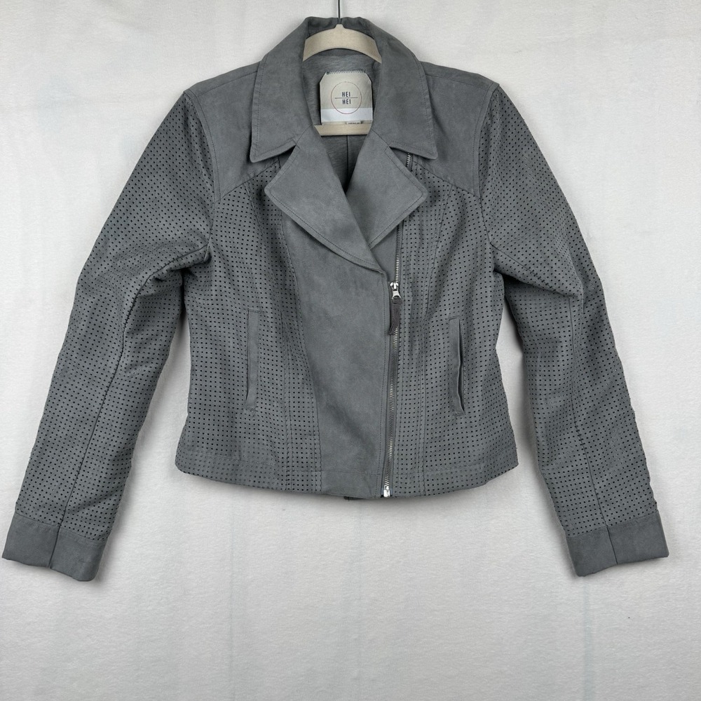 Anthropologie Hei Hei Womens Size Small Gray Faux Suede Perforated Moto‎ Jacket